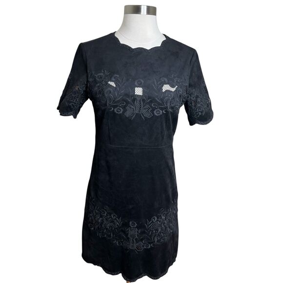 Zara Mini Dress Womens Small Black Micro Suede Cutout Floral Embroidery - Picture 1 of 8